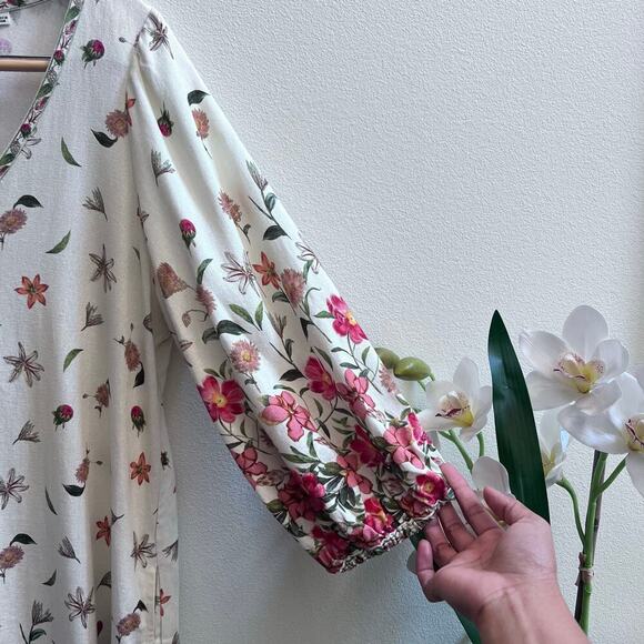 Max Studio Linen V-Neck Floral Printed Puff Sleeve Midi Dress Loose Fit Boho L - Picture 5 of 10